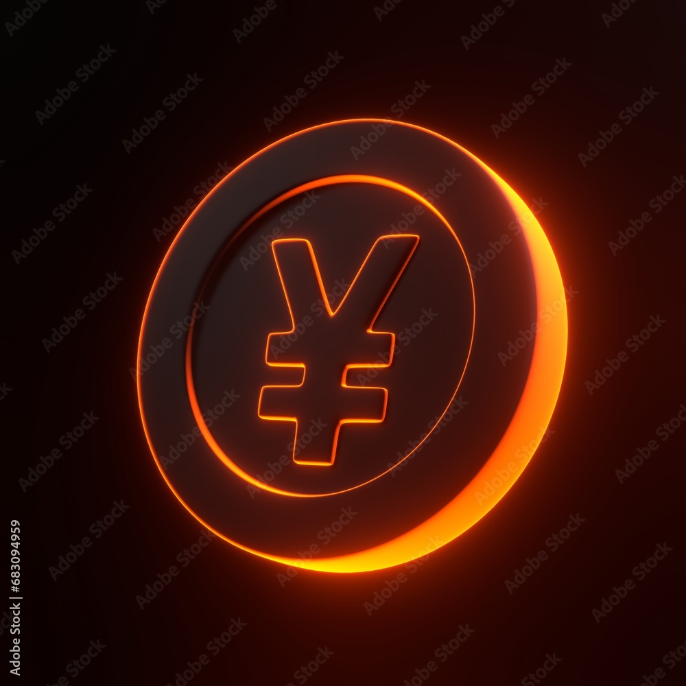 Fototapeta premium Coin with yen sign with bright glowing futuristic orange neon lights on black background. 3D icon, sign and symbol. Cartoon minimal style. 3D render illustration