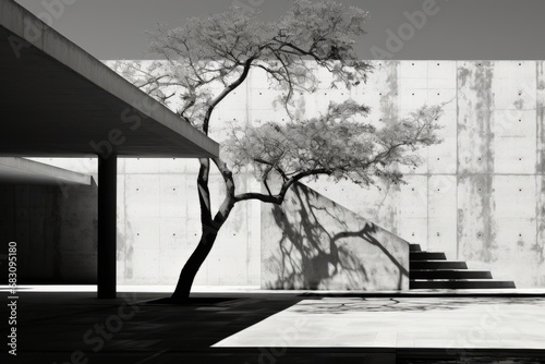 Black and white image of whimsical tree with lush foliage outside an ultra-modern minimalist concrete and glass building. Live objects and inanimate background monochrome combination.