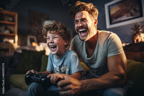 Happy Caucasian little boy and his father playing video game at home. Excited dad and son having fun, laughing cheerfully, enjoying their time together using gaming console. Family weekend concept. photo