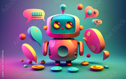 Robot pequeño de colores vibrantes junto con globos de diálogo y reacciones de redes sociales
