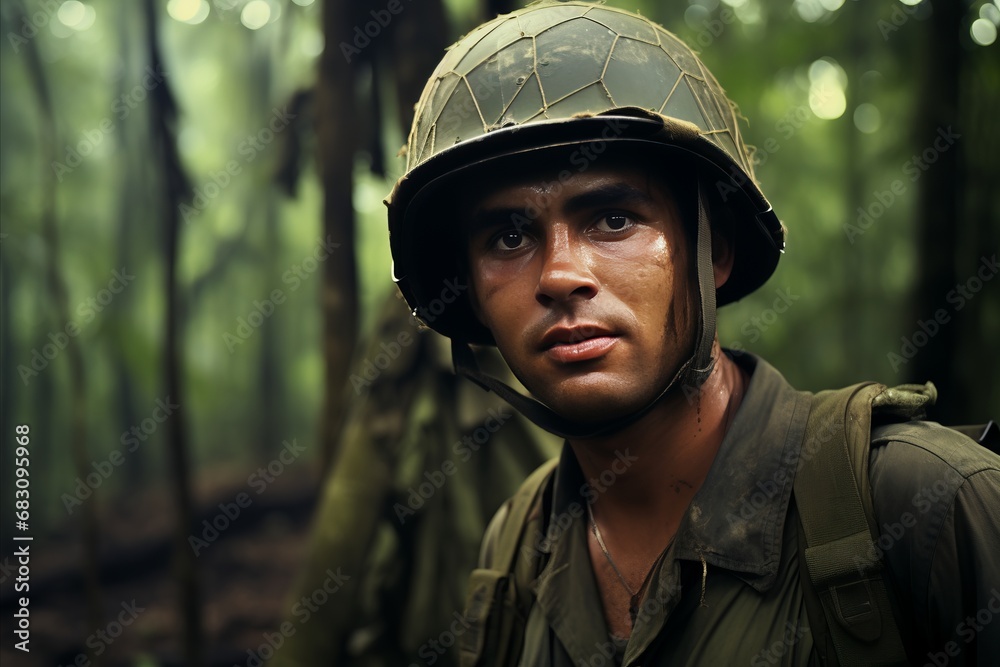 young caucasian soldier in helmet and retro uniform standing in forest. vietnam war