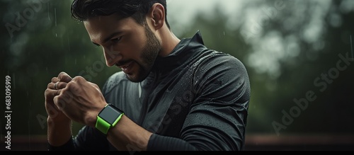Young athletic man using fitness tracker or smart watch run training outdoors photo