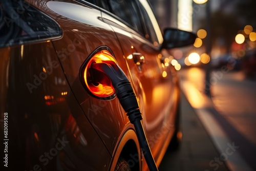 Close-up of power supply plugged into an electric car being charged. Electric vehicle charging in a parking lot with EV charging station on city street. Sustainable energy concept. © Georgii