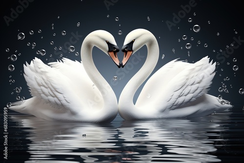 Two swans in love on the water with bubbles and blue background, Ai Generated