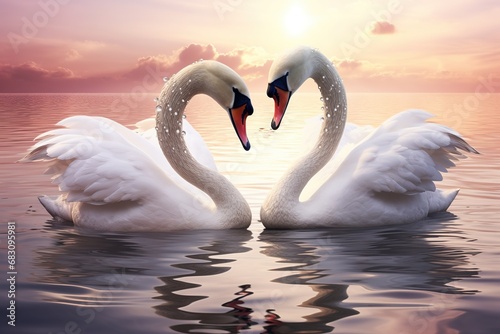 Two swans on the lake at sunset, love and romance concept, Ai Generated