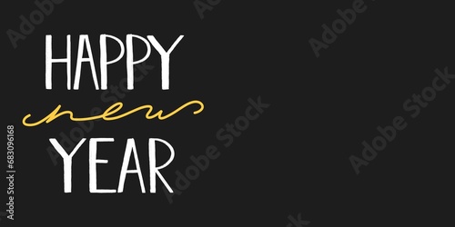 plantilla de tarjeta de año nuevo con fondo plano negro, con espacio para escrito y con lettering blanco con amarillo en combinacion de letras cursivas y sin serifa, diciembre photo