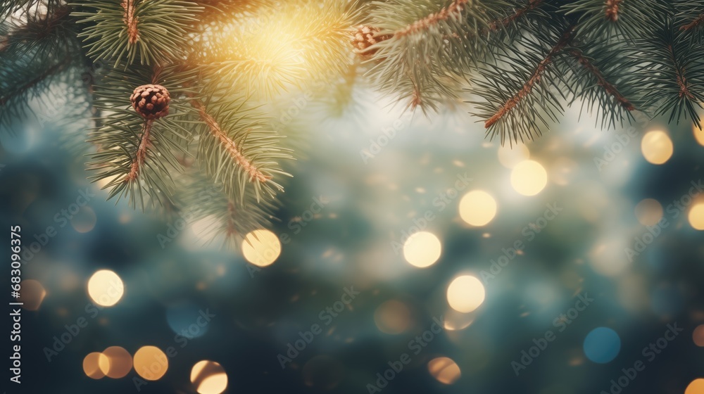 a festive pine branch dusted with snow, with a single pine cone and delicate lights that cast a magical glow, set against a backdrop of soft, out-of-focus blue lights, Christmas background a festive pine branch dusted with snow, with a single pine cone and delicate lights that cast a magical glow, set against a backdrop of soft, out-of-focus blue lights, Christmas background
