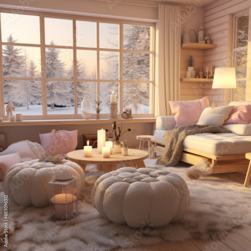 cozy Scandinavian living room with minimalistic decor, soft pastel colors and geometric patterns, featuring snowflakes and pinecones