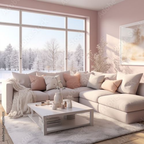 cozy Scandinavian living room with minimalistic decor, soft pastel colors and geometric patterns, featuring snowflakes and pinecones © PhotoRK
