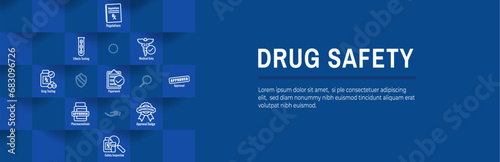 Pharmaceuticals and medications icon set with web header banner for FDA Approval
