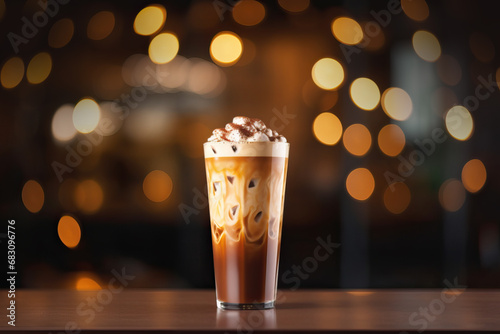 Frosty glacial iced caramel mocha latte before festive bokeh background