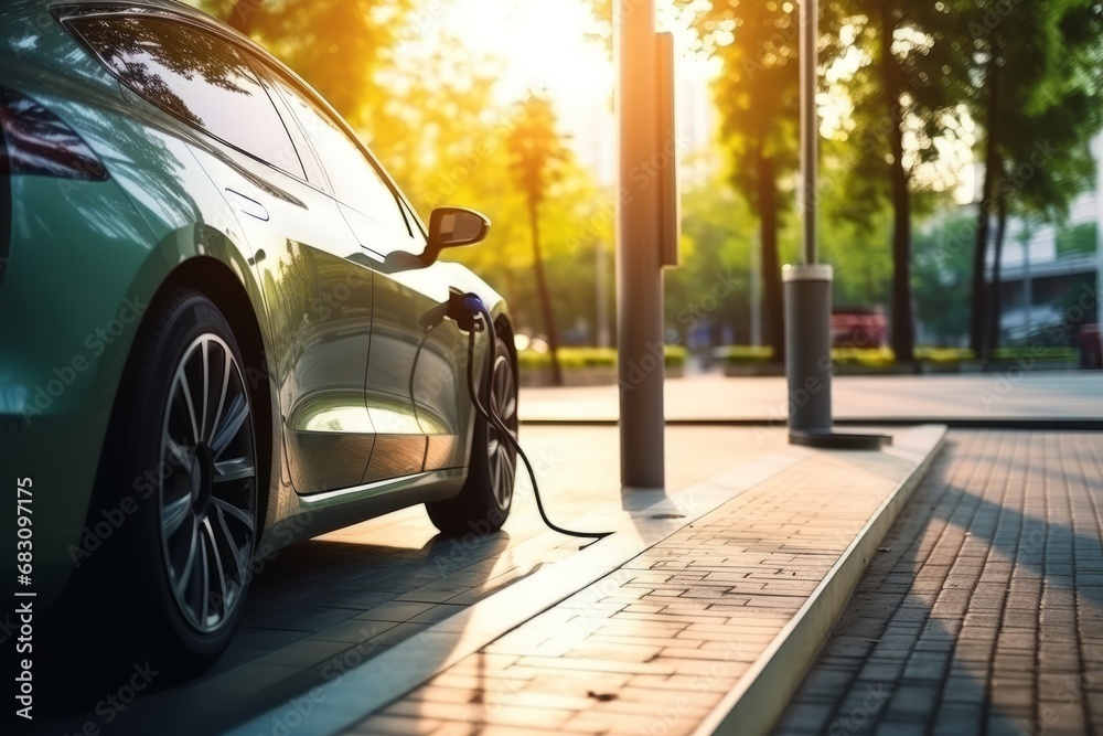 Close-up of power supply plugged into an electric car being charged. Electric vehicle charging in a parking lot with EV charging station on city street. Sustainable energy concept.