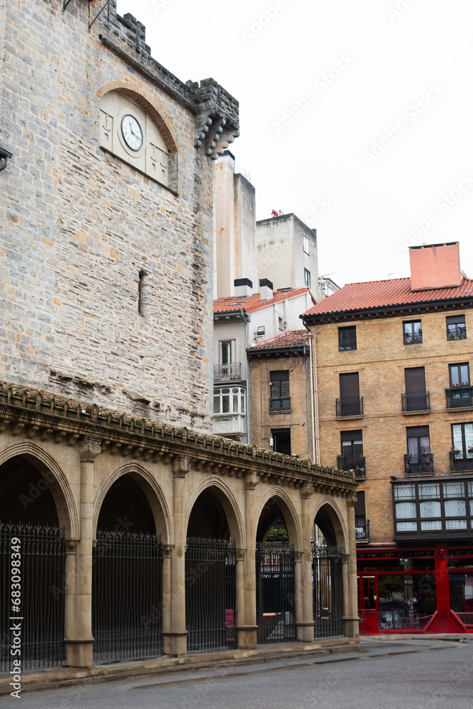 Historic Pamplona square, charming architecture.