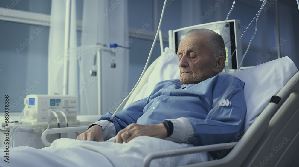 Obraz premium Homme âgé qui dort dans son lit d'hôpital, machine à dialyse