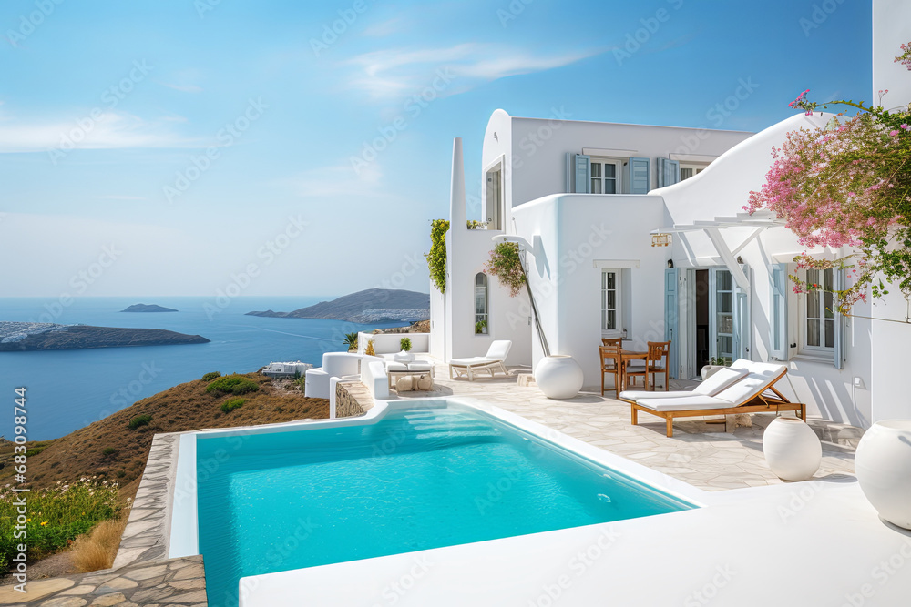 White villa with swimming pool on the background of a blue sky - obrazy, fototapety, plakaty 