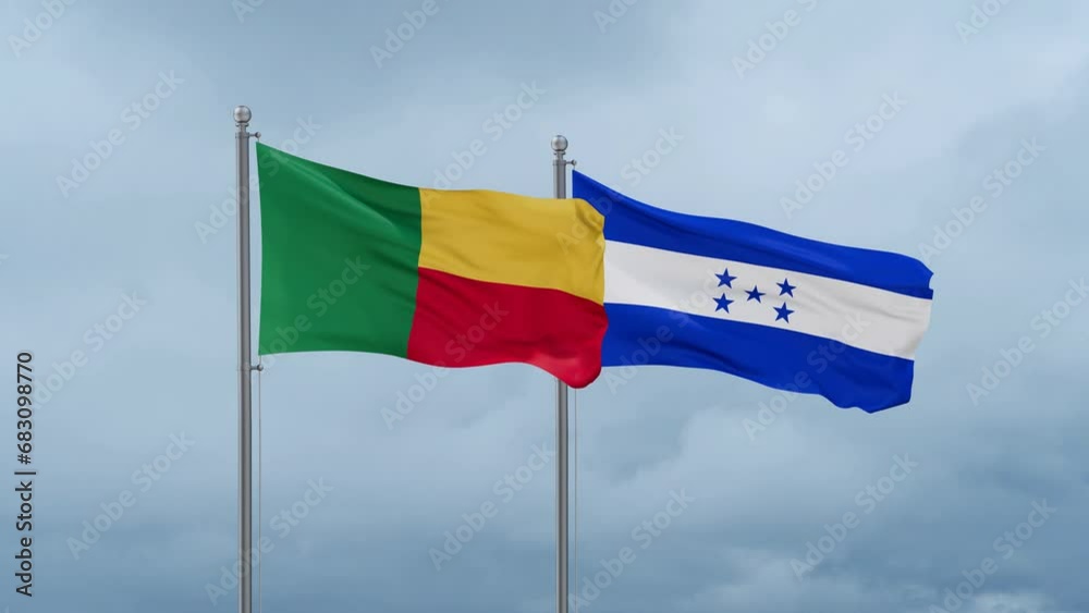 Honduras flag and Benin flag waving together on cloudy sky, endless seamless loop, two country relations concept Honduras flag and Benin flag waving together on cloudy sky, endless seamless loop, two country relations concept