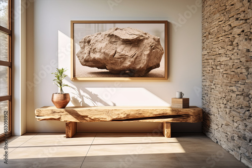 Interior of modern living room with brick walls, tiled floor, wooden bench and window with winter landscape. 3d render