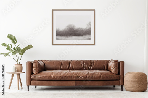 modern living room with brown leather sofa and black picture on the wall photo