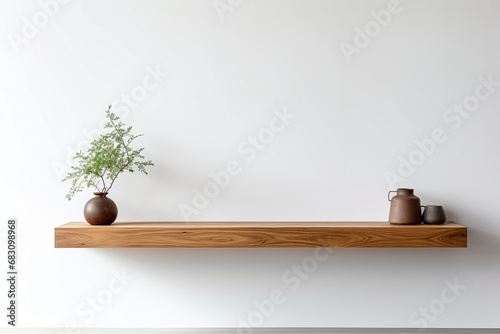 Wood shelf with vase and plant on white wall. Vector illustration.
