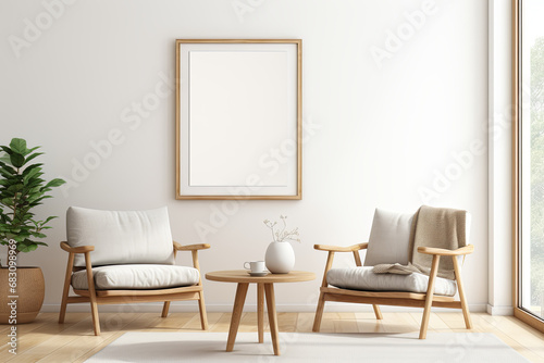 Interior of modern living room with white sofa, wooden coffee table and plant. 3d render