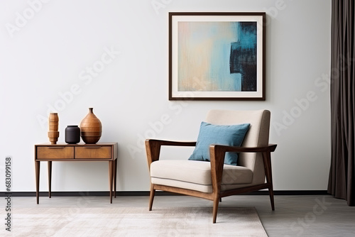 Living room interior with armchair  coffee table  lamp and a painting on the wall. 3d render