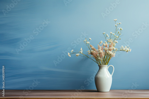 Vase with dried flowers on wooden table over wall. 3d render