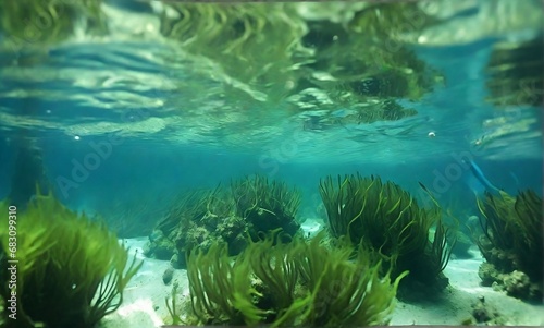 coral reef in the sea underwater view of a group of seabed with green seagrass created with generative ai