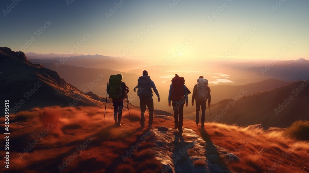 Hiking to the Summit: A Group of Adventurers Conquering a Majestic Mountain at Sunset