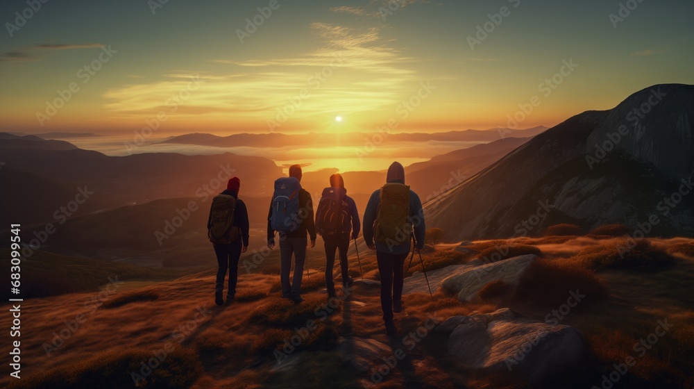 Climbing Towards the Horizon: A Serene Journey of a Group of People Towards a Hilltop at Sunset
