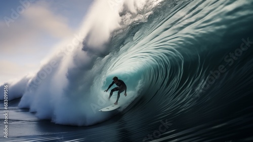 The Wave Rider: A Man Skillfully Riding the Ocean's Swell on a Surfboard © mattegg