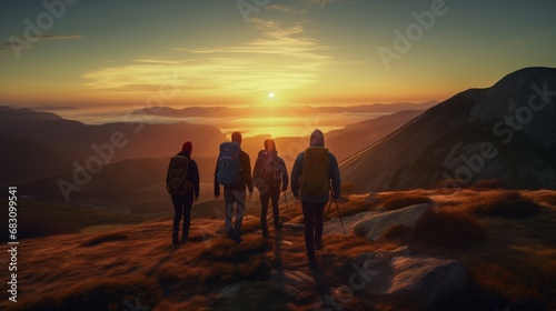 Climbing Towards the Horizon  A Serene Journey of a Group of People Towards a Hilltop at Sunset