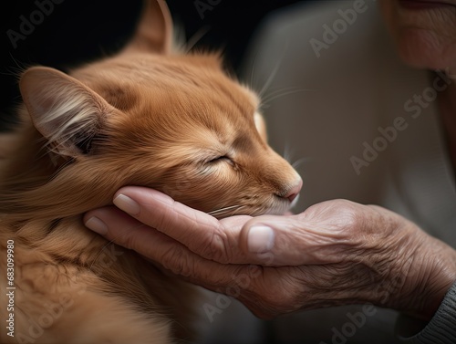 AI-generated closeup illustration of a cat and its elderly female owner. MidJourney.