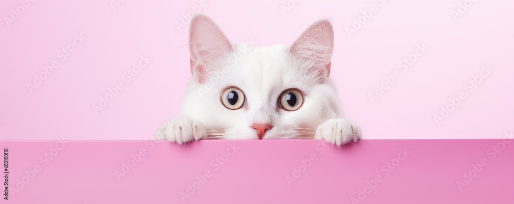 Cute white cat curiously peeking over pink background. Kitten showing placard template. Banner about pets with copy space