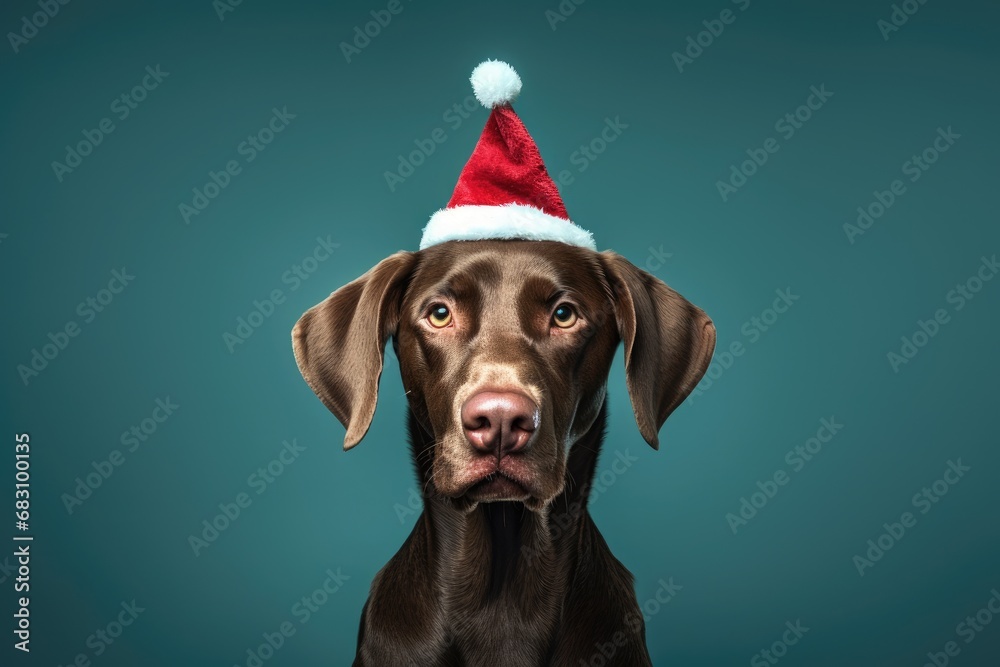 Funny dog in red Santa Claus hat on dark green background. New Year and Christmas animal concept for pet shop. Funny pet for design, greeting card, invitation, banner, poster with copy space