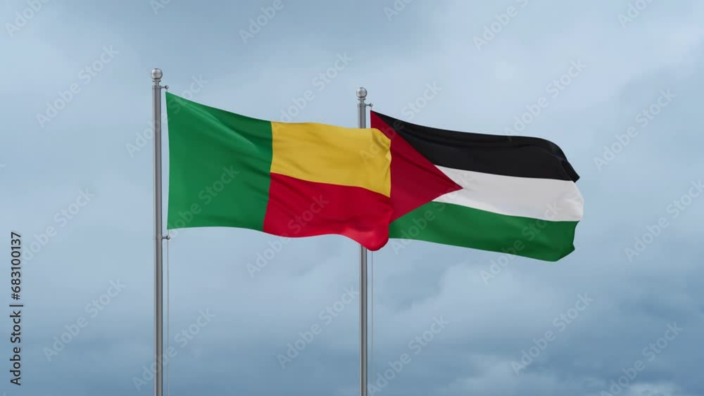 Palestine and Gaza Strip flag and Benin flag waving together on blue sky, looped video Palestine and Gaza Strip flag and Benin flag waving together on blue sky, looped video
