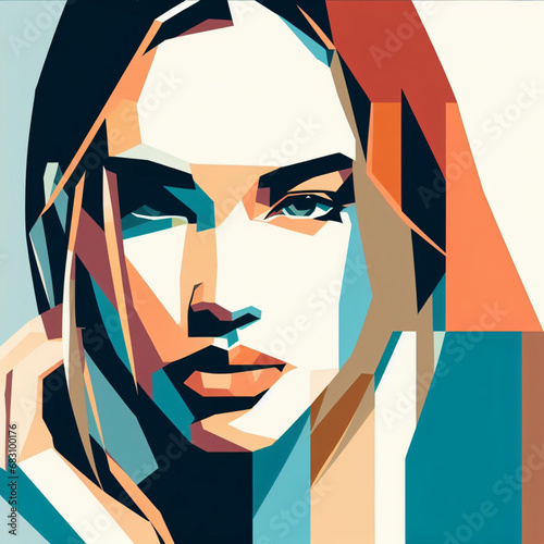 fashion girl close-up flat illustration  geometric shapes  look into camera colorful niji5-- style expressive