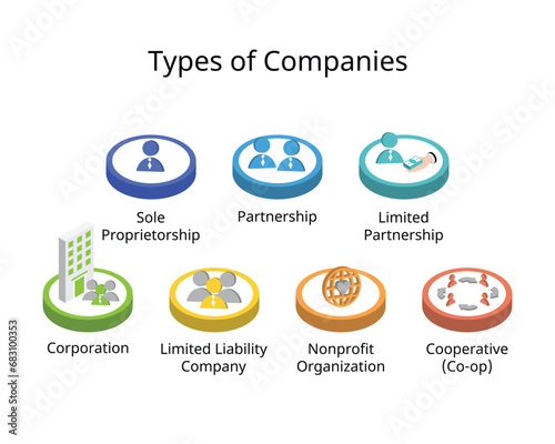 Types of companies or Business Structures such as sole Proprietorship, Partnership, Limited Partnership, Corporation, Limited Liability Company, NGO, Cooperative