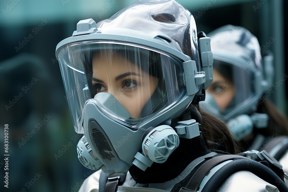 female technician in protective lab coat in controlled laboratory environment.