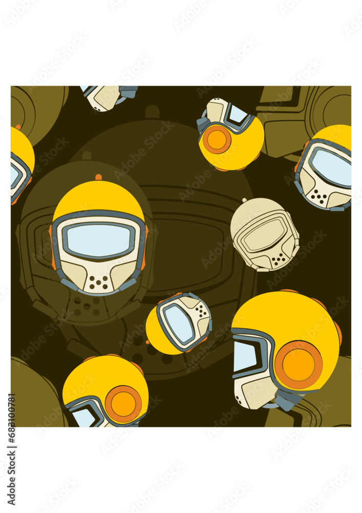 Fototapeta premium Editable Flat Style Front and Side View Retro Safety Helmet Vector Illustration Seamless Pattern With Dark Background for Industrial or Transportation and Sport Related Design
