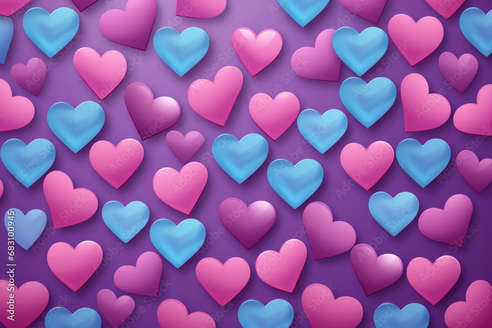Minimal love, Valentine's Day background. Seamless pattern, blue, pink and purple hearts. background.