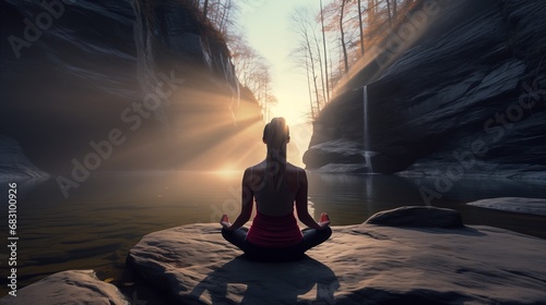 A Serene Moment of Meditation by a Woman in a Vibrant Red Dress