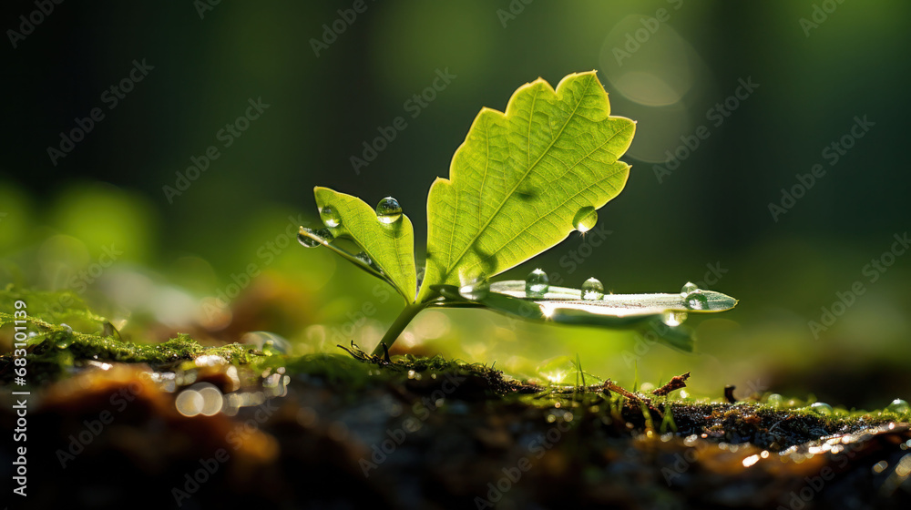 New growth bathed in sunlight, droplets sparkling on a young plant’s leaves in a vibrant forest.