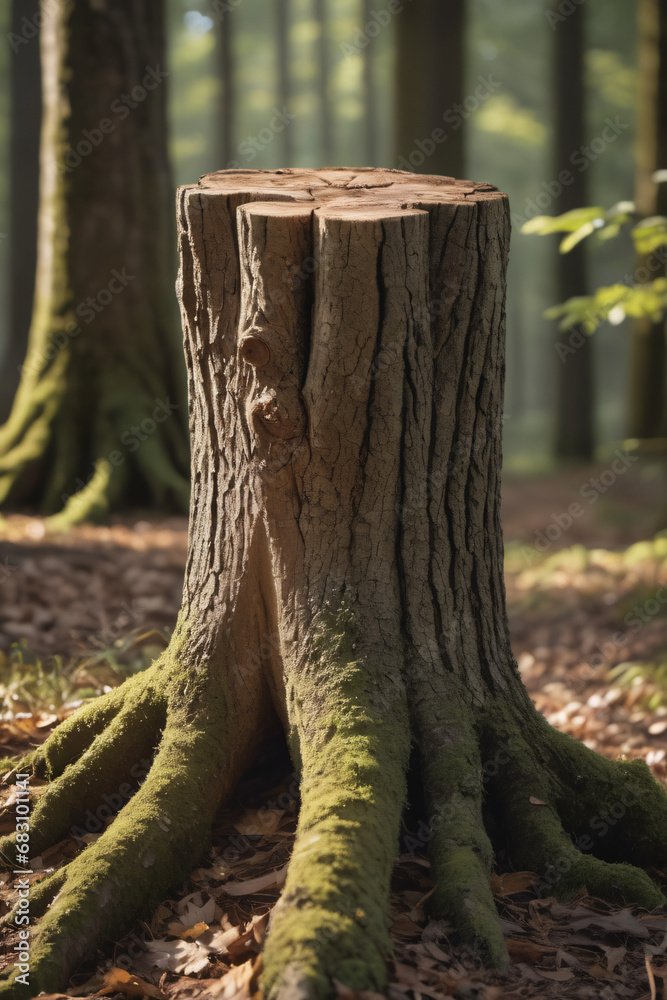 Obraz premium old overgrown mossy stump in forest close up, abstract natural green background. beautiful landscape. spring or summer season. display for product, template for design