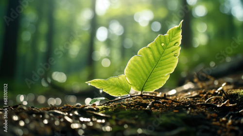 The morning sun caresses a new leaf covered in dewdrops, highlighting the delicate balance of the natural world.