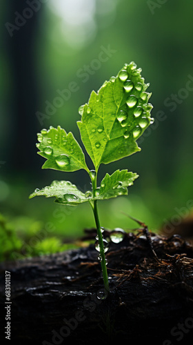 A single green leafy plantlet emerges, adorned with droplets, against a blurred forest backdrop.