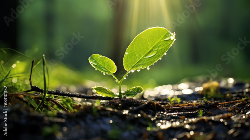 Sprouting leaves glisten with dew under rays of light, creating a peaceful natural atmosphere.