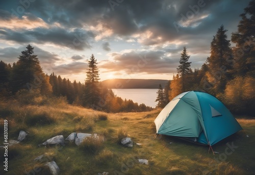 Tent in nature on the shore of a lake and sunset