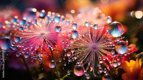 Vivid water drops on a dandelion create a microcosm of refracted light and color  forming a mesmerizing natural spectacle