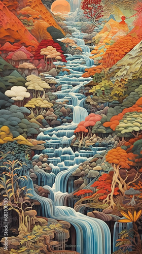 Illustration of waterfall painting with many different patterns and lines