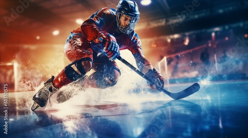 The Mighty Skater: An Energetic Hockey Player Showcasing Skills and Agility on the Ice photo